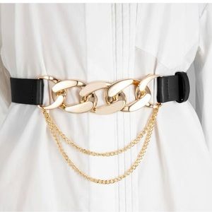 Elegant Classy Black and Gold  Bucket Faux Leather Belt With Gold Chain